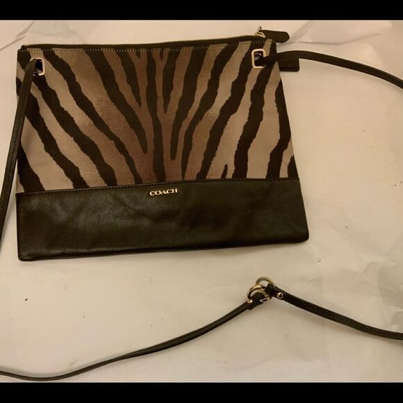 Auth Coach Madison Zebra Animal Print Shoulder Crossbody Purse Brown - Picture 2 of 8